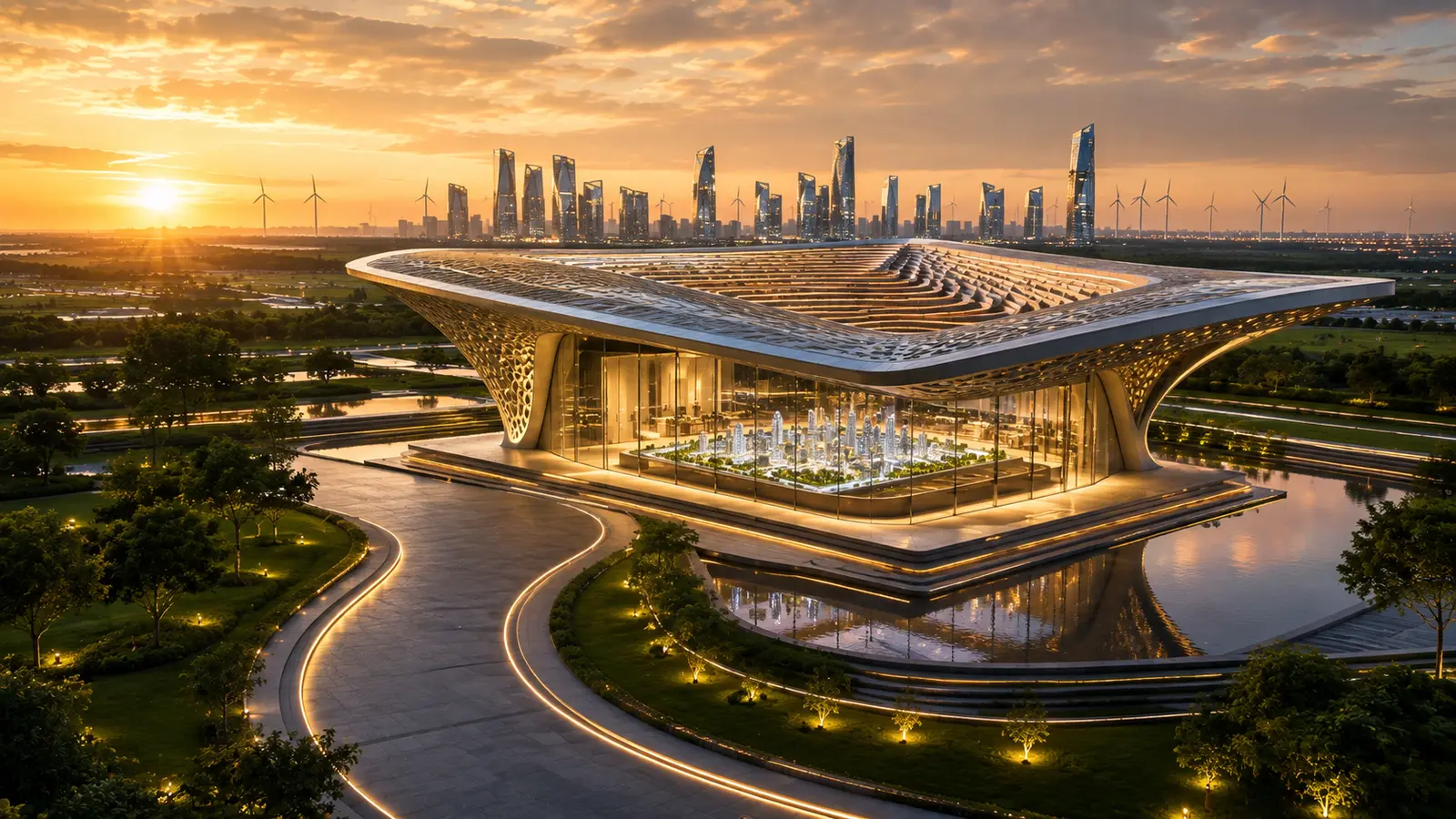 Futuristic site pavilion at Village Akaru — artistic impression